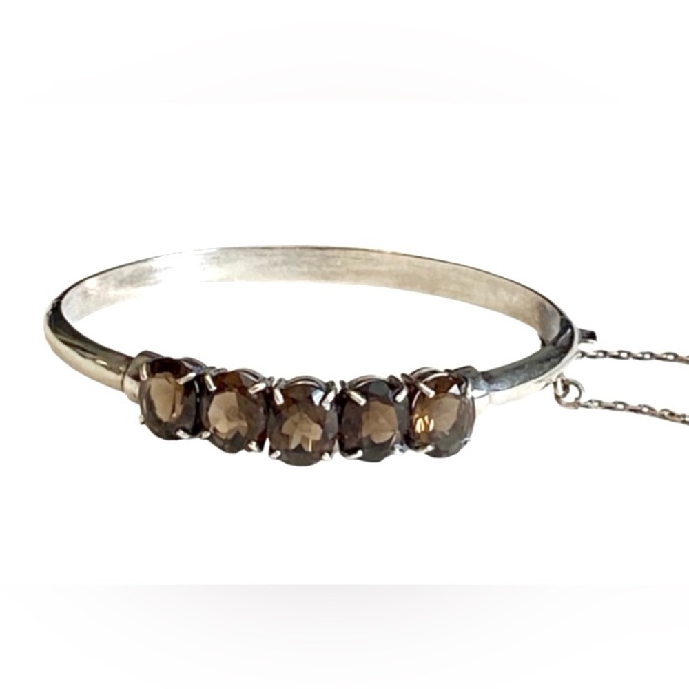 Vintage Smokey Topaz Sterling Silver Hinged Bracelet Safety Chain 925